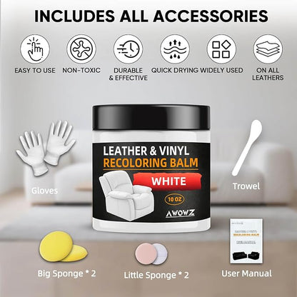 Leather Recoloring Balm - Scratch Repair & Color Restore Kit for Faded Leather, Leather Couch & Car Seats - 10OZ Leather Restorer Balm for Furniture, Auto Interior, Vinyl, Accessories (White)