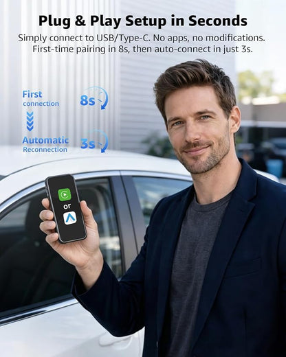 Wireless CarPlay Adapter & Android Auto Adapter, 2 in 1 Mini Dongle, Convert Wired to Wireless, Plug and Play Fast Auto Connect, Stable No-Lag Connection, for iPhone & Android Cars 2016+, Black