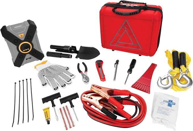 Performance Tool E00014 44 pc. Premium Roadside Assistance Kit, Featuring Vortex 12V Digital Tire Inflator, Booster Cables, Tow Rope, Shovel, First Aid Kit, Safety Triangles, Tool Kit and Case