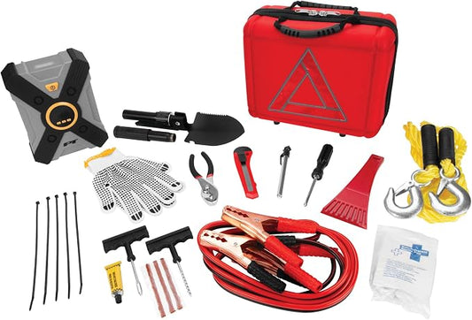 Performance Tool E00014 44 pc. Premium Roadside Assistance Kit, Featuring Vortex 12V Digital Tire Inflator, Booster Cables, Tow Rope, Shovel, First Aid Kit, Safety Triangles, Tool Kit and Case