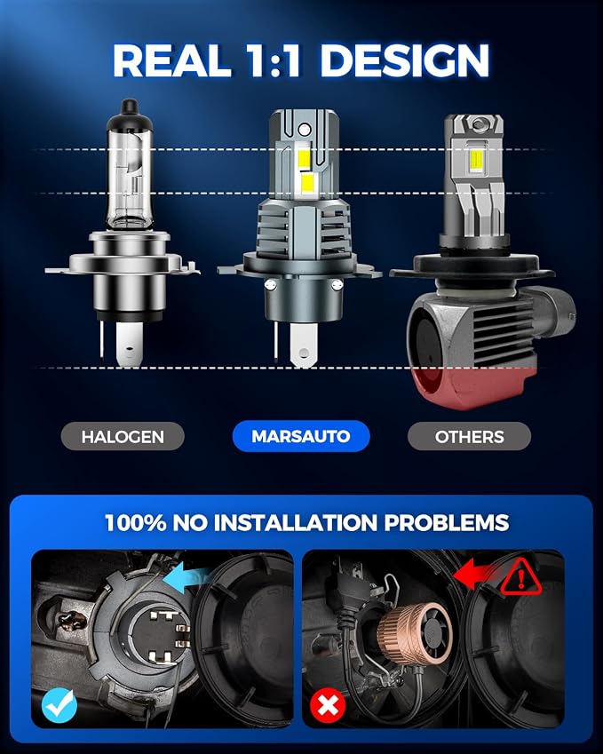 Marsauto H4 Bulb, 50000LM Brightness Output 6000K Cool White,9003 H4 Fog Bulbs IP68 Waterproof 80000Hrs Lifespan, 3Mins Installation, 2 Pack