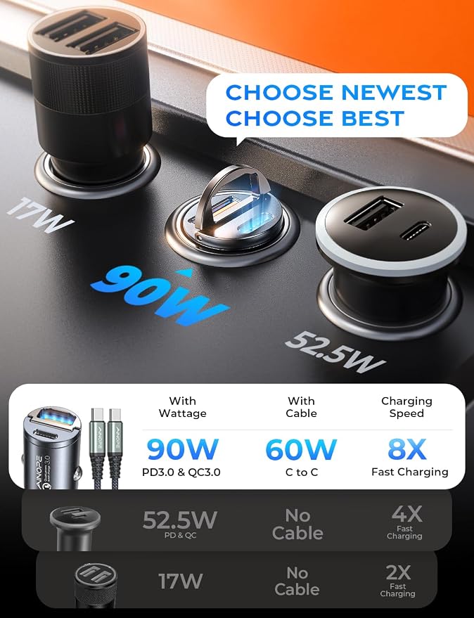 AINOPE 90W for iPhone 17/16/15 Pro Max Car Charger USB C Fast Chage, [Mini&Metal] Invisible Cigarette Lighter Adapter with 3FT USB C to C Cable, Car Accessories for Mother Him Her, Adapter for iPhone