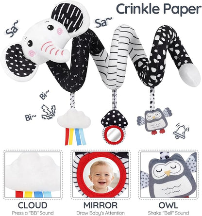 Joyreal High Contrast Baby Toys for Newborn, Black and White Baby Sensory Toys with Car Seat Toys,Infant Toys with Black White Cards Book, Montessori Toys for Baby Gifts (Elephant Theme)