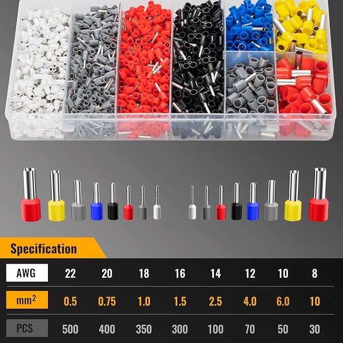 Ferrule Crimping Tool Kit,Wire Ferrule Kit Crimper Connectors，4 corners Self-adjustable AWG23-7 gauge 1800PCS Ferrules Electrical Terminal，Crimpers Tools Pin Terminals Ratchet Pliers for Audio,Car,DIY