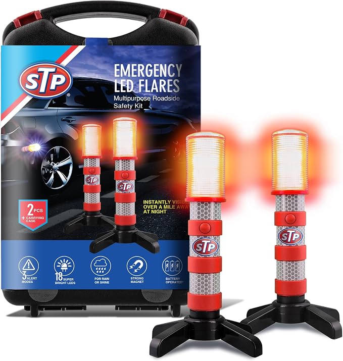 STP Emergency LED Road Flares with Jumper Cables for Car & Reflective Vest Kit Roadside Safety Kit, 3 Lighting Modes, Visible a Mile Away, 12-Foot 8-Guage Heavy Duty Jumper Cables, Vehicle Safety Kit