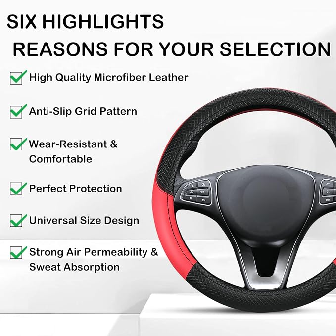 Leather Patchwork Black Red Steering Wheel Cover, 14.5-15 Inch Non-Slip Breathable Microfiber Car Steering Wheel Protector
