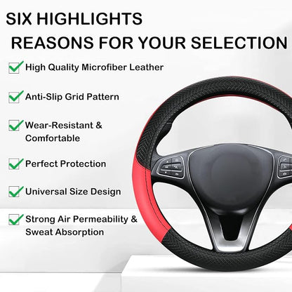 Leather Patchwork Black Red Steering Wheel Cover, 14.5-15 Inch Non-Slip Breathable Microfiber Car Steering Wheel Protector