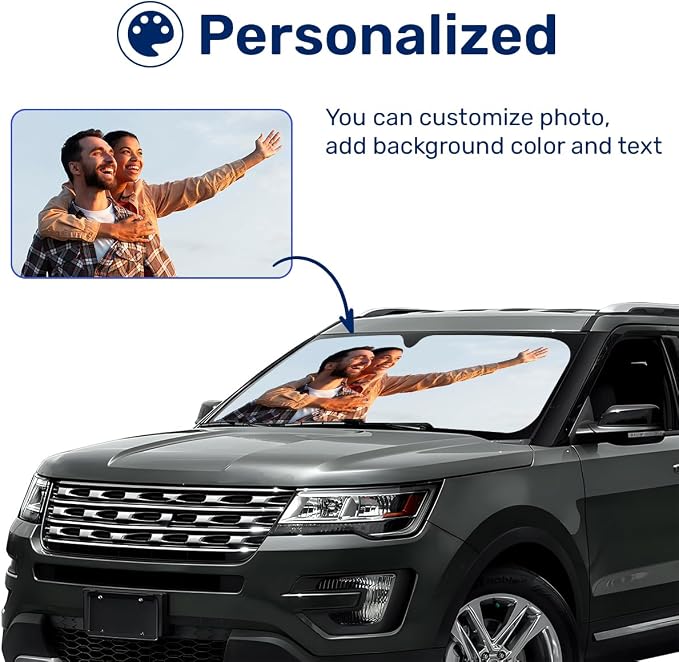 GENANY Custom Windshield Sun Shade for Car SUV Truck (55x30 Inches), Turn Your Photo Logo Text Into Windshield Sunshades, Personalized Car Sun Shades, Customized Sun Blocker Keep Your Vehicle Cool