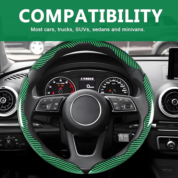 3pcs Universal Carbon Fiber Steering Wheel Cover - Anti-Slip & Segmented Design, Universal 99% Durable Steering Wheel Protector for Men and Women, Car Interior Accessory (Green)