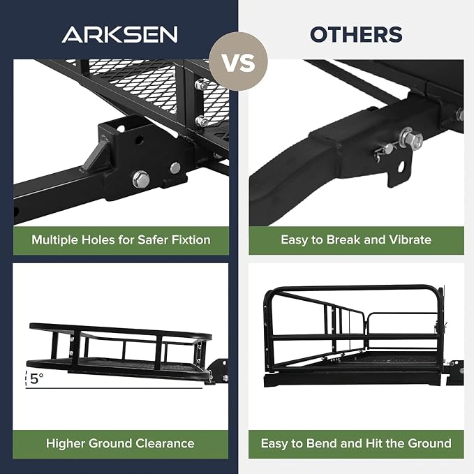 ARKSEN 60" x 25" x 14" Folding Cargo Basket, Cargo Rack Carrier 500 Lbs Heavy Duty Capacity 2 Inch Receiver Luggage Basket Hitch Fold Up for SUV Pickup Camping Traveling