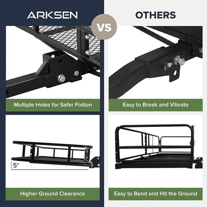 ARKSEN 60" x 25" x 14" Folding Cargo Basket, Cargo Rack Carrier 500 Lbs Heavy Duty Capacity 2 Inch Receiver Luggage Basket Hitch Fold Up for SUV Pickup Camping Traveling
