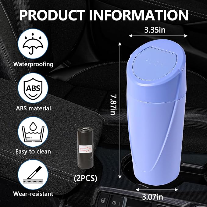 Hovom Mini Car Trash Can with Lid, Portable Garbage Can for Car, Leakproof Cup Holder Automotive Garbage Bin with 2 Rolls of Trash Bags, Small Trash Storage Can for Car Home Office(Dark Blue)