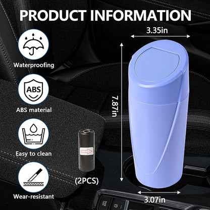 Hovom Mini Car Trash Can with Lid, Portable Garbage Can for Car, Leakproof Cup Holder Automotive Garbage Bin with 2 Rolls of Trash Bags, Small Trash Storage Can for Car Home Office(Dark Blue)