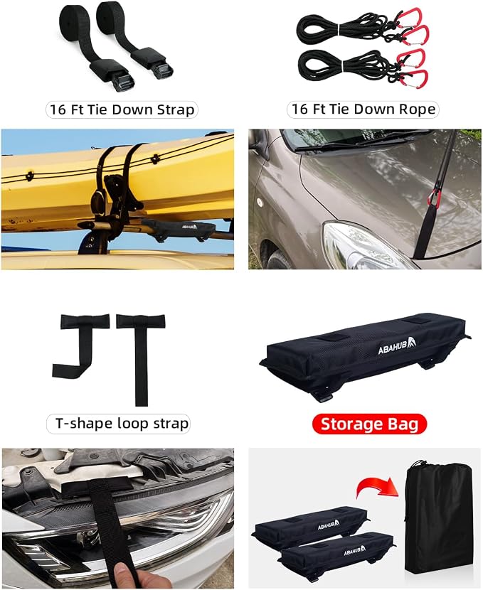 Abahub Soft Roof Rack Pads with 2 Tie Down Straps, 2 Tie Down Ropes, 2 Hood Loops and Storage Bag, for Surfboard, Kayak, Canoe, Heavy Duty Universal Car Roof Racks System Black 17 Inch