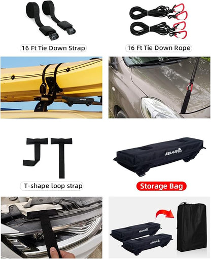 Abahub Soft Roof Rack Pads with 2 Tie Down Straps, 2 Tie Down Ropes, 2 Hood Loops and Storage Bag, for Surfboard, Kayak, Canoe, Heavy Duty Universal Car Roof Racks System Black 17 Inch