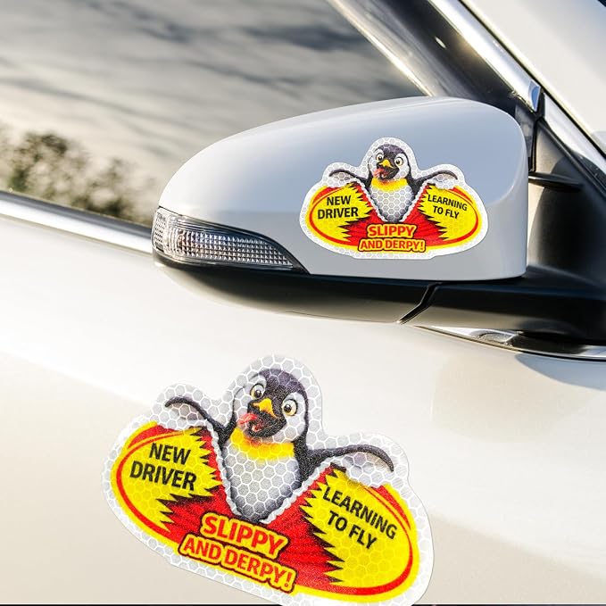 3 Pcs Reflective Student Driver Magnet and Stickers Set - Funny Animal New Driver Safety Signs for Car, Waterproof & Weatherproof High Visibility Vehicle Bumper Decals, Magnet + Stickers (Penguin)