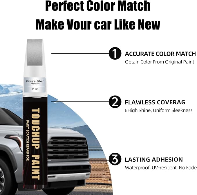 Car Paint Touch Up Pen for Toyota Celestial Silver Metallic(1J9), 2-In-1 Color Accurate Touch Up Car Scratch Repair Paint Exact Match Toyota Series Automotive Scratch Remover for Nicks & Chips Repair
