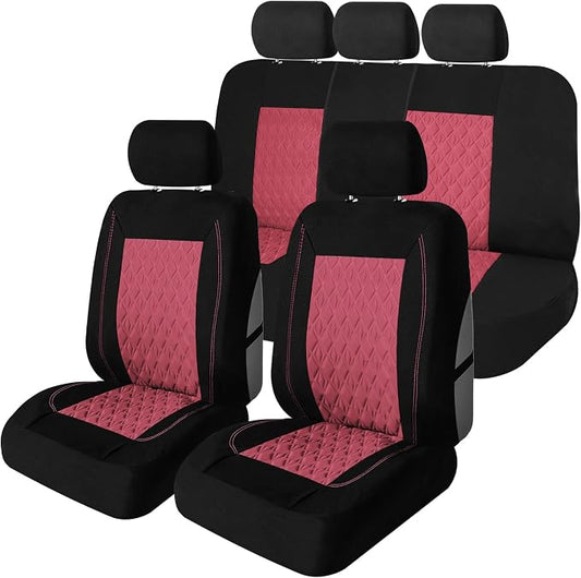 Universal Fit Diamond Stitched Flat Cloth Car Seat Covers Full Set - Burgundy