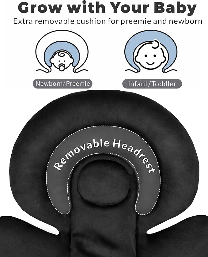 TinlyFinly Infant Car Seat Insert with Removable Cushion for Preemie to Toddler, Reversible Newborn Carseat Insert for Baby Head Body Support, Fits for Stroller, Baby Swing, Bouncer (Pure Black)