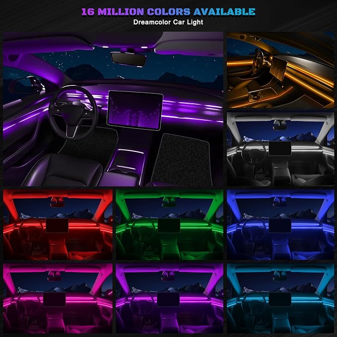 RGB Acrylic Interior Car LED Strip Light with Wireless APP, Car Accessories 6 in 1 with 175 inches 593 LEDs Fiber Optic Ambient Lighting Kits, Dynamic Music Sync Neon LED Strip Light for Car