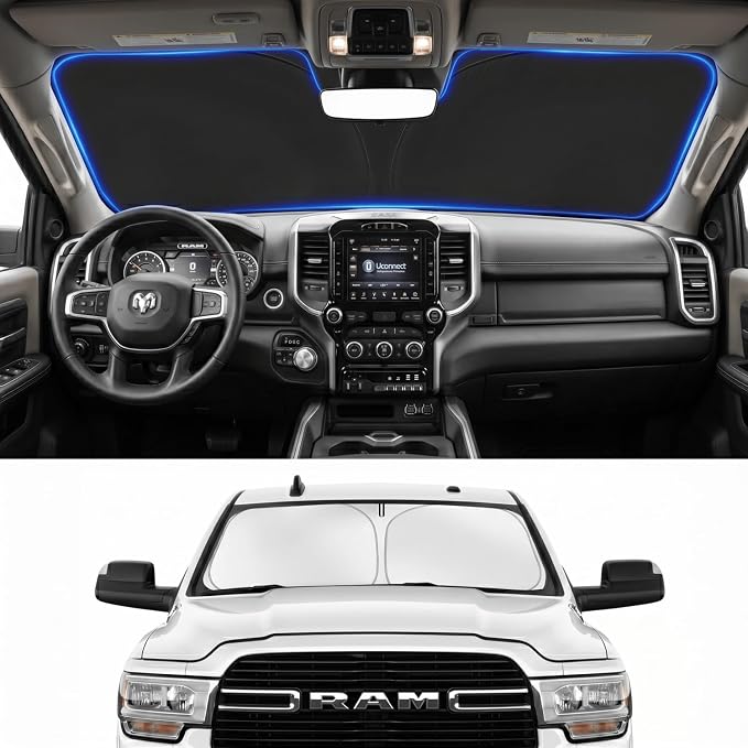for Dodge RAM 2500 3500 Windshield Sun Shade 2010-2025 2026 - Foldable Windshield Sunshade Cover Front Window Shade Custom Fit RAM 2500 3500 Accessories Sun Visor Protector Blocks UV Rays