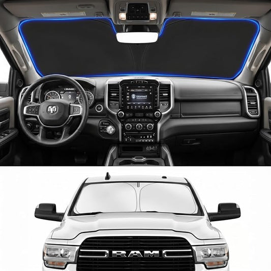 for Dodge RAM 2500 3500 Windshield Sun Shade 2010-2025 2026 - Foldable Windshield Sunshade Cover Front Window Shade Custom Fit RAM 2500 3500 Accessories Sun Visor Protector Blocks UV Rays