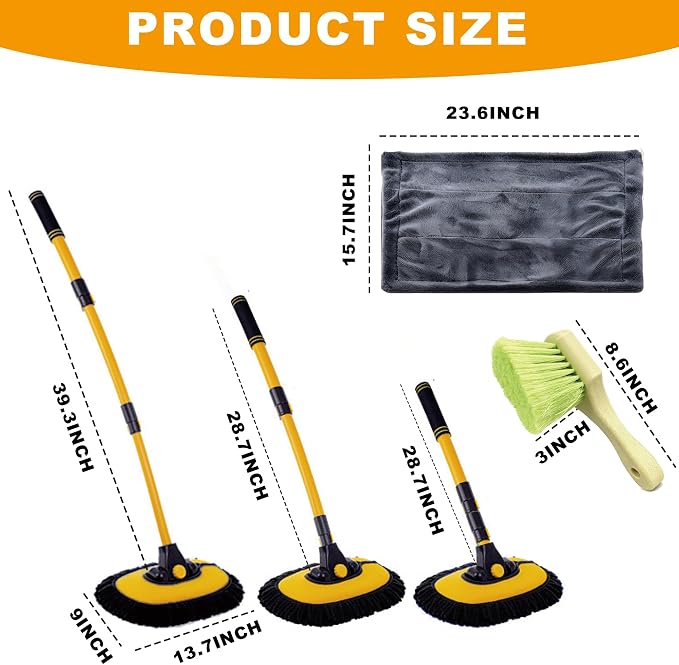 Car Wash Mop with Long Handle 15° Curved Extension Microfiber Scratch-Free Car Wash Brush with 1300GSM Thickened Drying Towel & Soft Bristle Tire Brush Complete Car Wash Kit (Yellow & Black)