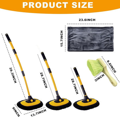 Car Wash Mop with Long Handle 15° Curved Extension Microfiber Scratch-Free Car Wash Brush with 1300GSM Thickened Drying Towel & Soft Bristle Tire Brush Complete Car Wash Kit (Yellow & Black)