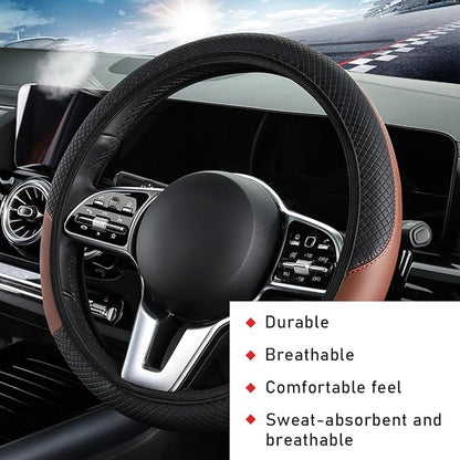 povtii Car Steering Wheel Cover, 15 Inch Leather Breathable Auto Steering Wheel Protector, Comfortable Non-Slip Vehicle Steering Wheel Covers, Universal Interior Car Accessories (Black+Coffee, AD)