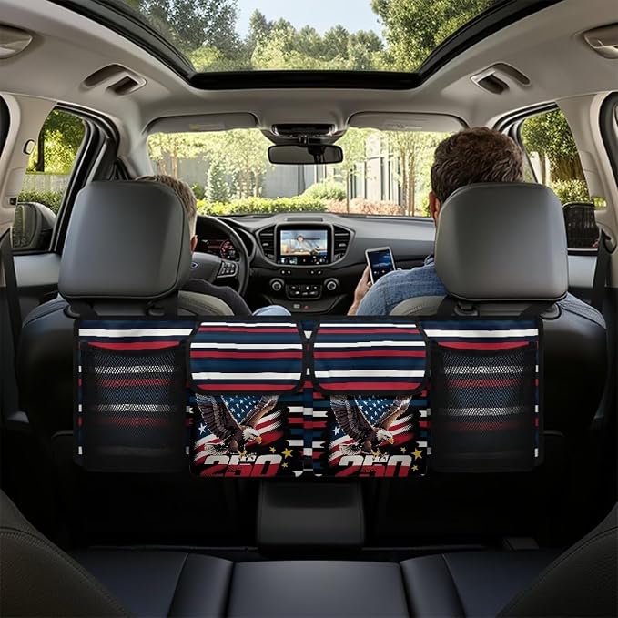 Eagle Flag Hanging Car Organizer Backseat Hanging Storage Bag with 4 Pockets & 3 Adjustable Straps Large Capacity Cars Trunk Organizer Suitable for Most Cars,SUV,Sedan