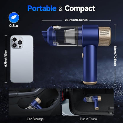 Vizeusvac Car Vacuum Cleaner, 16000PA Mini Car Vacuum Cordless Powerful, 7 in 1 Portable Handheld Vacuum Cordless with LED Light, Dual Filters, One-Touch Empty for Pet Hair, Home, Office