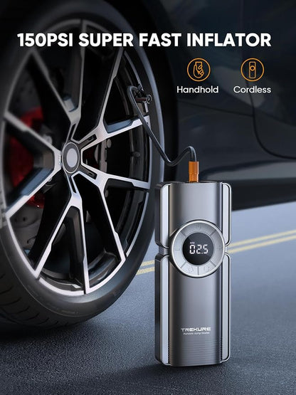 TREKURE Portable Car Jump Starter with Air Compressor, 150PSI 5000A Car Battery Jump Starter Battery Pack (9L Gas/8L Diesel), Safe Jumper Starter Portable Jump Box with Display, Emergency Light