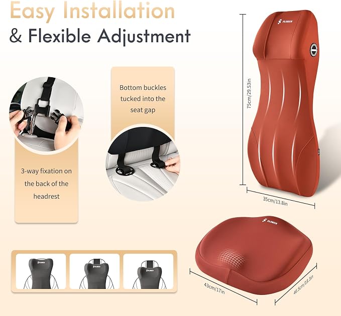 FLORICH Memory Foam Car Seat Cushion and Integrated Neck Pillow Lumbar Support Ergonomic Seat Cushion Breathable Back Support Headrest for Truck Driver Long Driving Sciatica Tailbone Pain Relief, Red