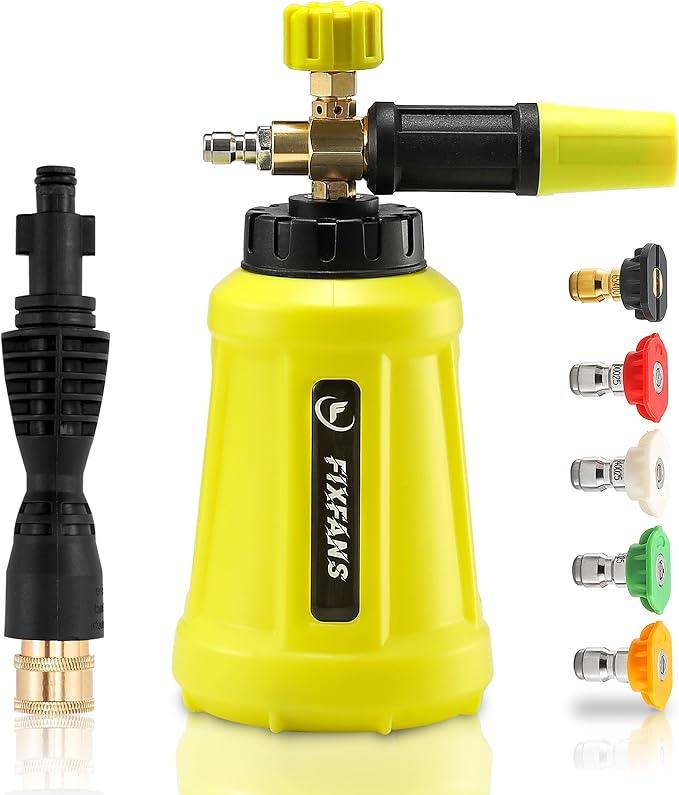 FIXFANS Foam Cannon with Replacement Adapter for Portland Husky Ryobi | Wide Neck Pressure Washer Snow Foam Lance, Heavy Duty Power Washer Foam Blaster, 1/4 Inch Quick Connector, 5 Nozzles, 1L