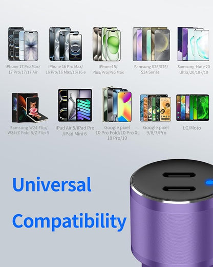 Purple Dual 45W USB C Car Charger, 90W Max Super Fast Charging, All Metal 12V Cigarette Lighter Adapter for iPhone 17 Pro Max/16/15/iPad, Samsung Galaxy S26/S25, Google Phone with 2 Type C Cable 3.3ft