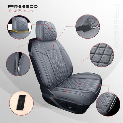 FREESOO Car Seat Covers Full Set for Dodge Ram 2002-2018 1500 & 2011-2026 2500 3500 Crew Quad Cab, 2019-2024 Ram 1500 Classic Leather Seat Cover, with Curved Bench, Grey