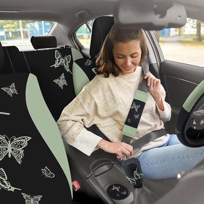 BBTO 43 Pcs Butterfly Car Seat Full Set Butterfly Car Accessories for Women 5 Front Rear Seat Covers Wrist Strap 2 Pcs Cup Mat Armrest Pad 2 Belt Xmas Cover Accessories for SUV(Green, Black)