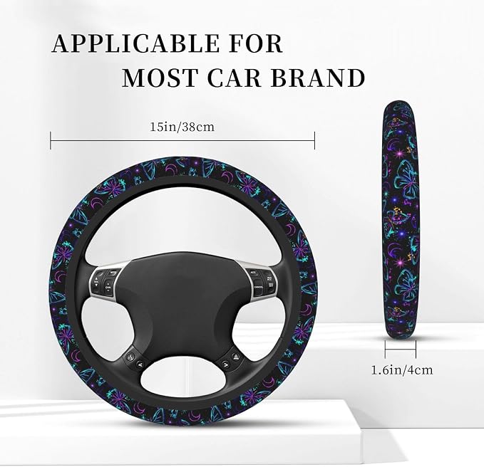 Butterfly Steering Wheel Cover for Women, Universal Auto Steering Wheel 14-15 Inch Car Interior Accessories with 2PCS Car Coasters, Suitable for Men and Women