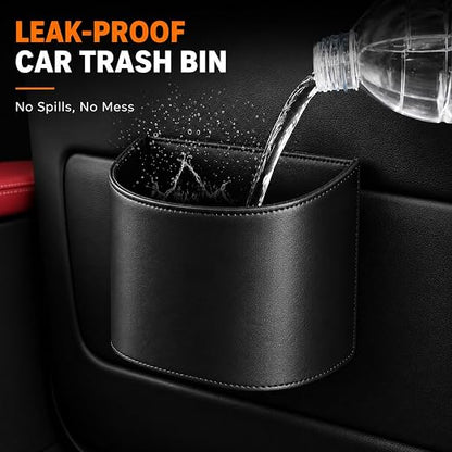 COZILO Leather Car Trash Can – Leakproof & Easy-to-Clean Car Garbage Can for Luxury Cars, SUVs & Trucks | Includes 60 Custom Liners, Secure Hook, Easy Install, Black