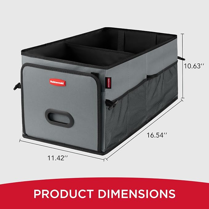 Rubbermaid Car Organizer, Collapsible Trunk Organizer, Multi-Compartment Car Storage Organization for Car Accessories, 2 Compartments-Gray