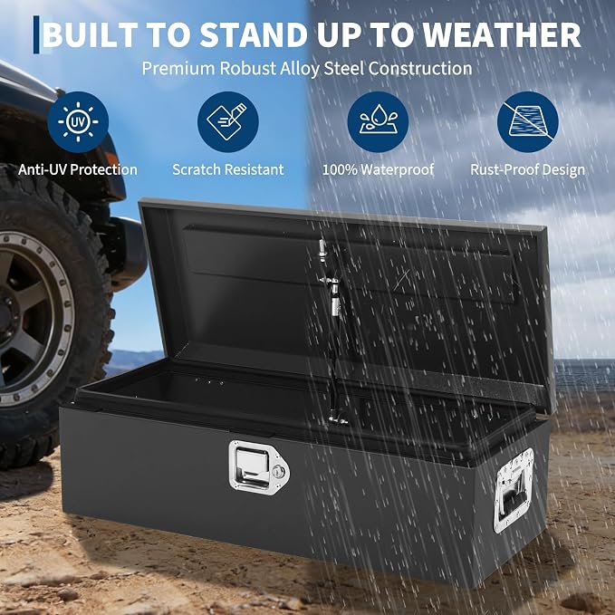 Heavy Duty Steel Metal Tool Box 20" for Truck Bed, Locking Plate Crossbed Storage Chest with Gas-Strut Assisted Lid, Weather-Resistant Truck Bed Tool Box for Pickup, Trailer, RV