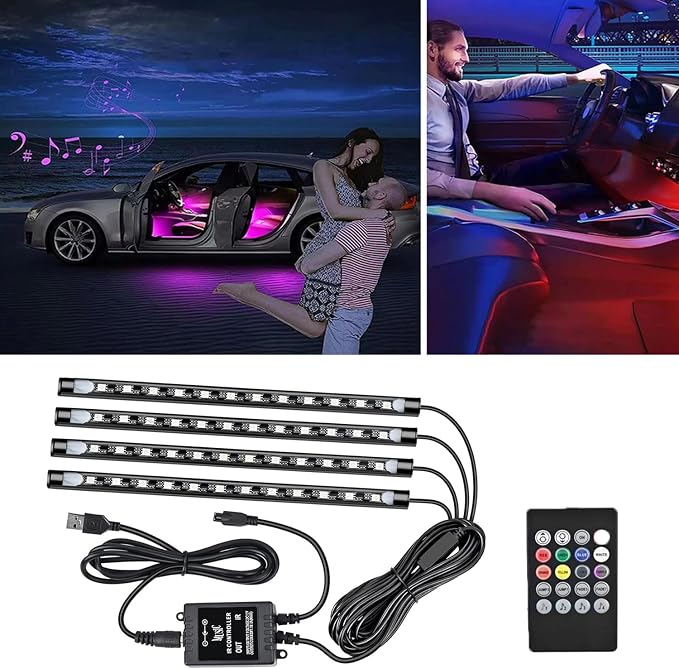 Car LED Strip Lights, 4Pcs 48 LED Interior Lights, Multicolor Music Car Strip Light Under Dash Lighting Kit with Sound Active Function and Remote Controller, DC 12V