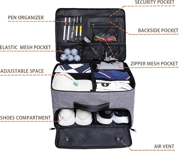 Golf Trunk Organizer 2 Layer, Car Golf Organizer with Ventilated Compartment for 2 Pair Shoes, Golf Trunk Storage Locker for Golf Accessories, Balls, Tees, Clothes, Gloves, Golf Gifts for Men