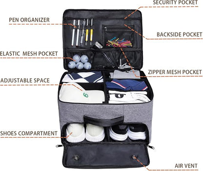 Golf Trunk Organizer 2 Layer, Car Golf Organizer with Ventilated Compartment for 2 Pair Shoes, Golf Trunk Storage Locker for Golf Accessories, Balls, Tees, Clothes, Gloves, Golf Gifts for Men