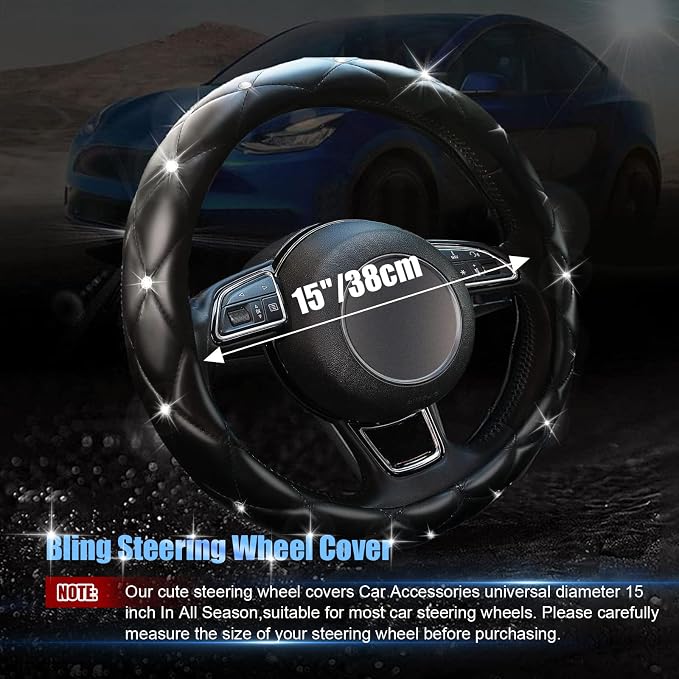 SuperKaKa Black Steering Wheel Cover 2026, Auto Cute Girly Diamond Bling Comfort Leather Car Interior Accessories Protector Sparkly Automotive Decoration for Women Men