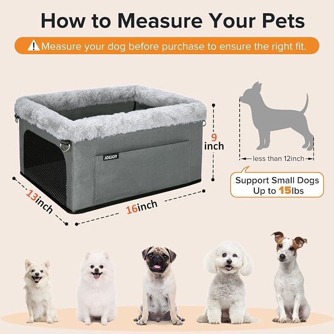 JOEJOY Deluxe Dog Booster Seat with Sturdy Metal Frame and Safety Leash for Small Pets up to 20 lbs - Portable Puppy Dog Car Seat with Thick Cushion and Storage Pockets for Small Dogs