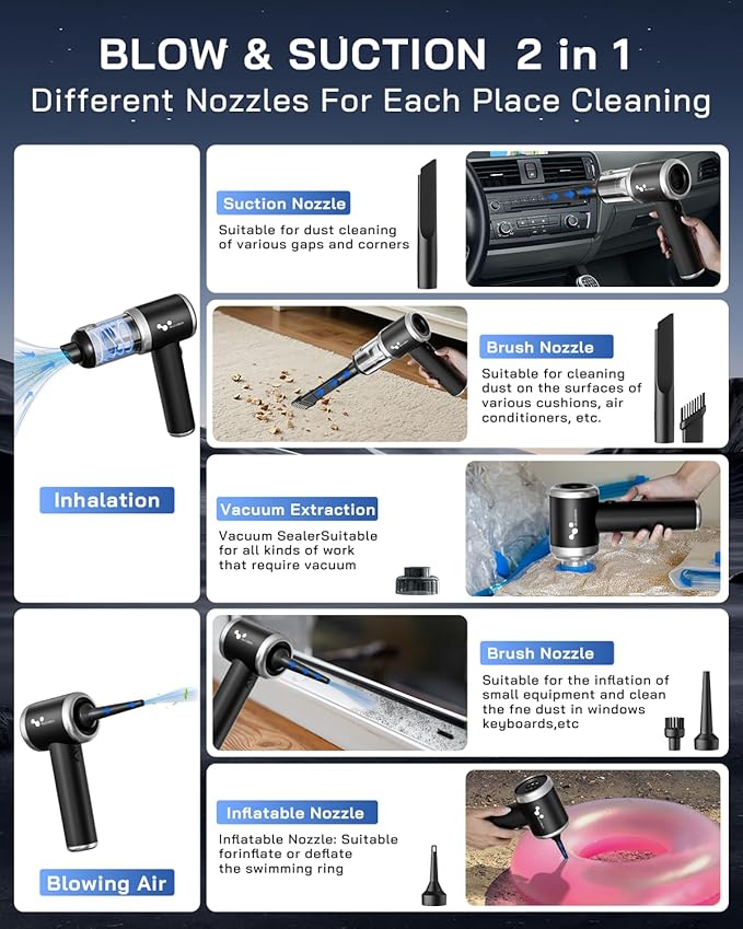 helloleiboo Handheld Car Vacuum Cleaner 16000PA Car Vacuum Portable Cordless 120W High Power 4-in-1 Mini Vacuum Cleaner Rechargeable & Air Duster Multi-Nozzles for Home Office Pet（Black）