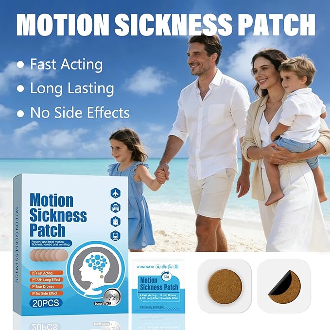 KUNHAOH (2026 New) Motion Sickness Patches for Adults and Kids(Travel Essentials),Ship-EEZ Sea Sickness Patch(Non-Drowsy & Lasts 72 Hours)-for Car and Boat Rides, Ships, Cruise and Airplane(20 Count)