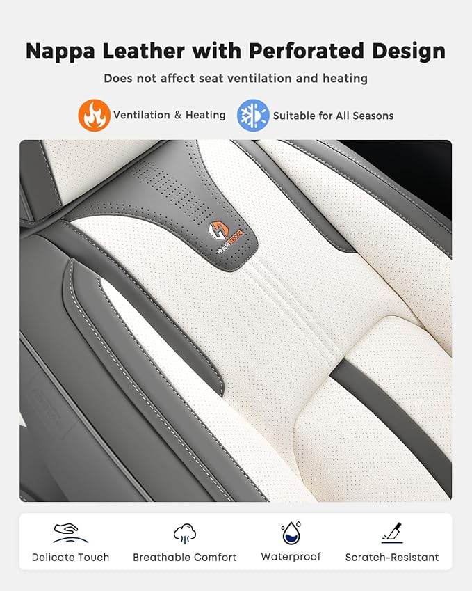 Huidasource Front Car Seat Covers Luxury Nappa Leather, Car Seat Covers Front Seats with Airbag, Front Storage Pocket, Lumbar Support Cooling＆Heating Universal Fit for Most Cars SUV Trucks, Gray&White