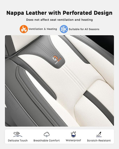 Huidasource Front Car Seat Covers Luxury Nappa Leather, Car Seat Covers Front Seats with Airbag, Front Storage Pocket, Lumbar Support Cooling＆Heating Universal Fit for Most Cars SUV Trucks, Gray&White